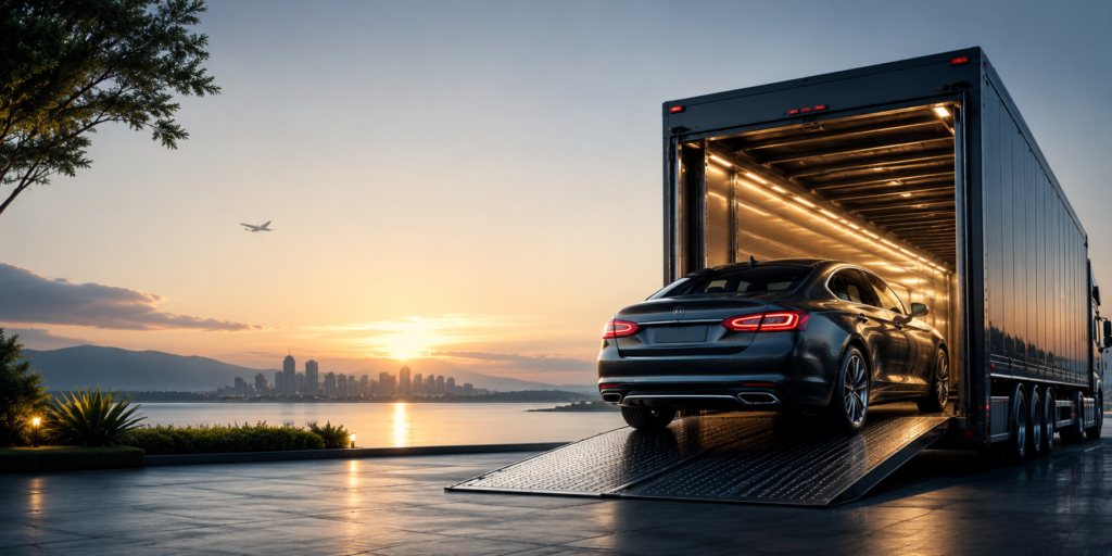 Car entering an enclosed carrier for professional vehicle logistics
