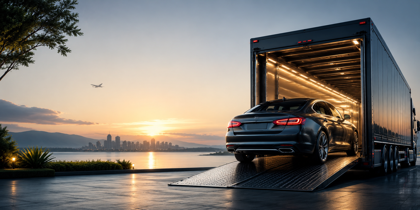 Car entering an enclosed carrier for professional vehicle logistics