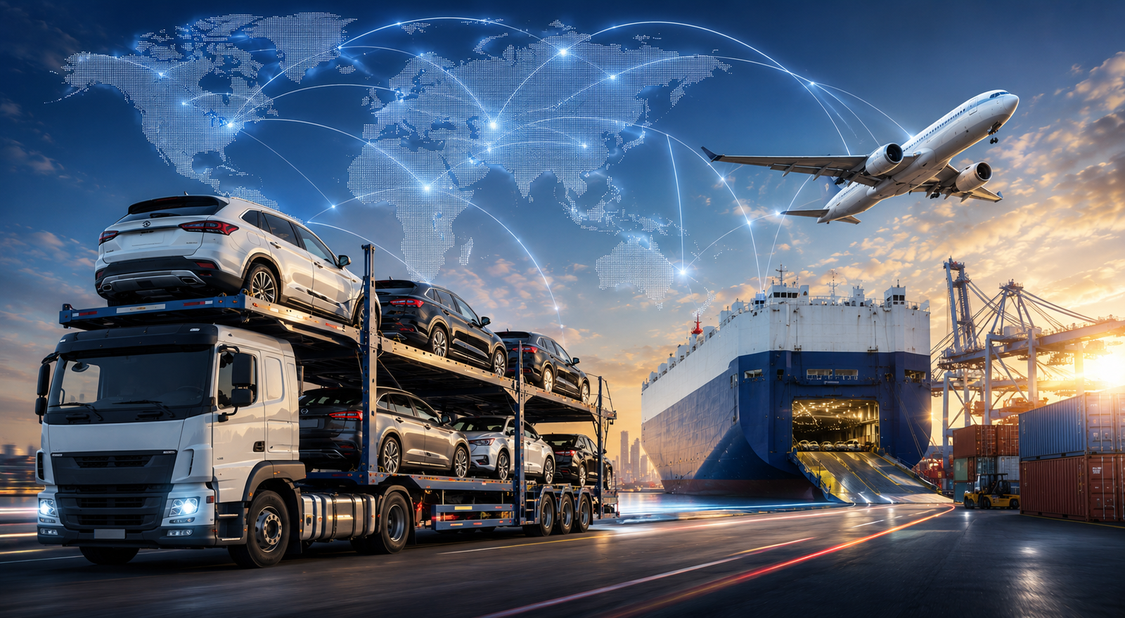 Auto carrier and cargo ship representing domestic and international car logistics